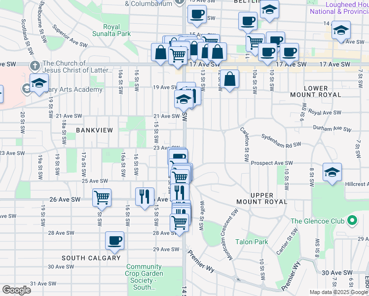 map of restaurants, bars, coffee shops, grocery stores, and more near 14 St SW & 23 Ave SW in Calgary