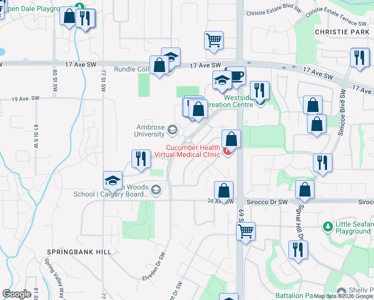 map of restaurants, bars, coffee shops, grocery stores, and more near 13 Springborough Boulevard Southwest in Calgary