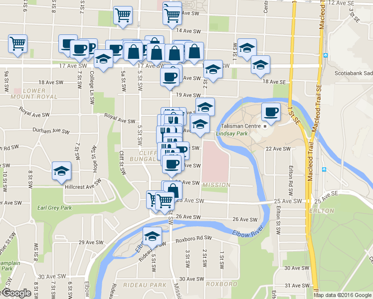 map of restaurants, bars, coffee shops, grocery stores, and more near in Calgary