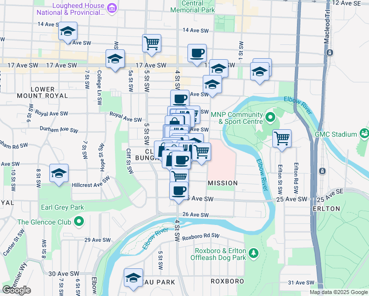 map of restaurants, bars, coffee shops, grocery stores, and more near in Calgary