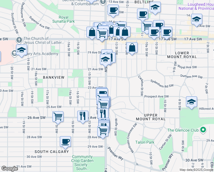 map of restaurants, bars, coffee shops, grocery stores, and more near in Calgary