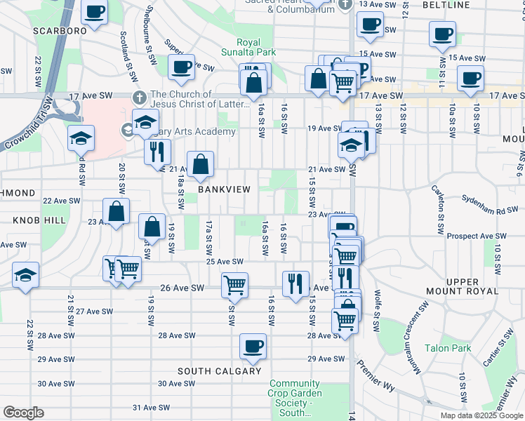 map of restaurants, bars, coffee shops, grocery stores, and more near 2328 16A Street Southwest in Calgary