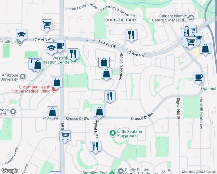 map of restaurants, bars, coffee shops, grocery stores, and more near 10 Simcoe Crescent Southwest in Calgary
