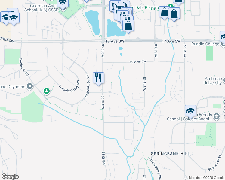 map of restaurants, bars, coffee shops, grocery stores, and more near 2334 85 Street Southwest in Calgary