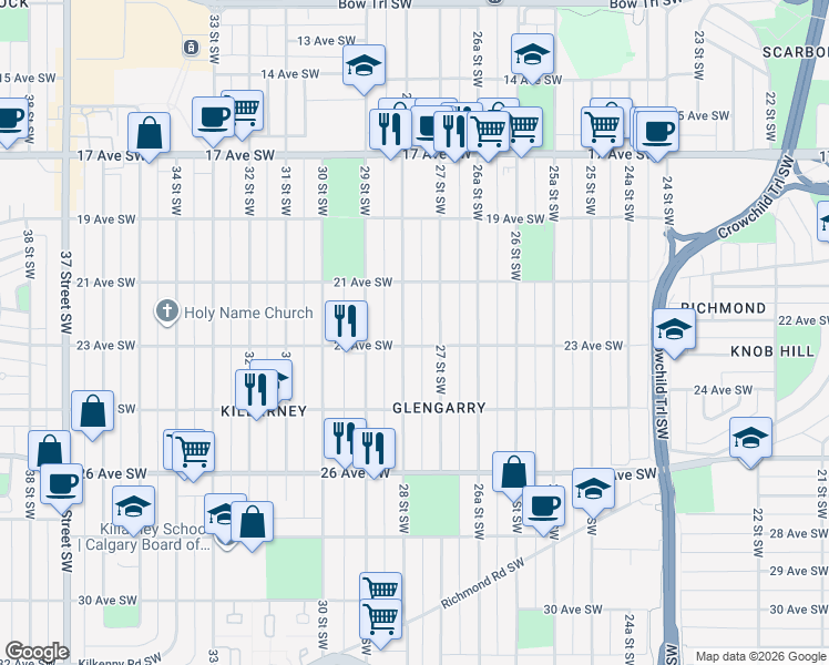 map of restaurants, bars, coffee shops, grocery stores, and more near 2404 23 Avenue Southwest in Calgary