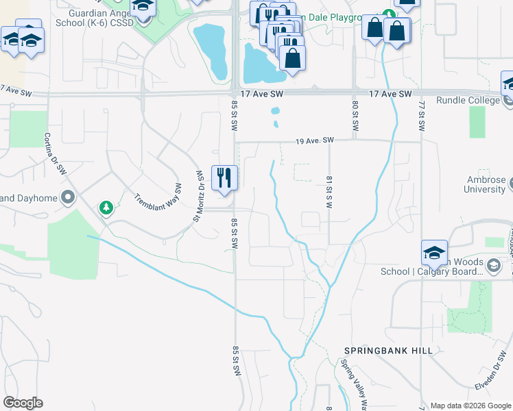 map of restaurants, bars, coffee shops, grocery stores, and more near 2334 85 Street Southwest in Calgary