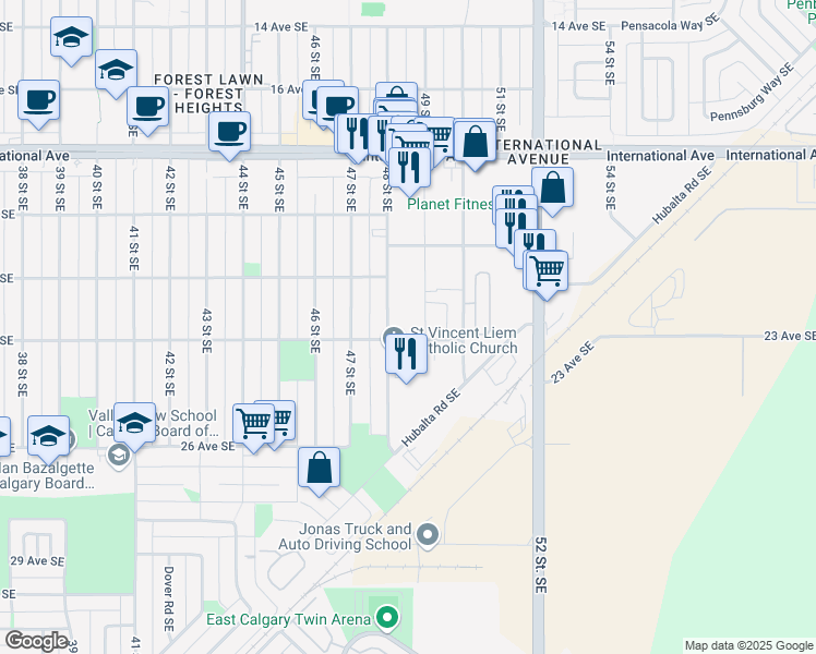 map of restaurants, bars, coffee shops, grocery stores, and more near 2412 48 Street Southeast in Calgary