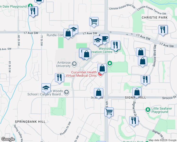 map of restaurants, bars, coffee shops, grocery stores, and more near 312 Springborough Way Southwest in Calgary