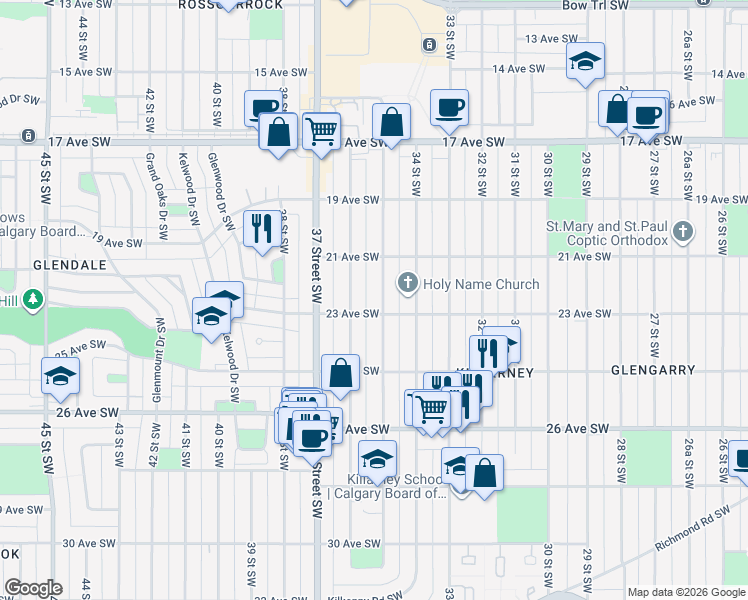 map of restaurants, bars, coffee shops, grocery stores, and more near 2404 35 Street Southwest in Calgary