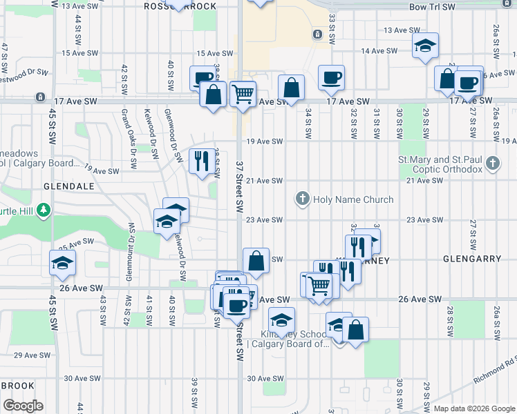 map of restaurants, bars, coffee shops, grocery stores, and more near in Calgary