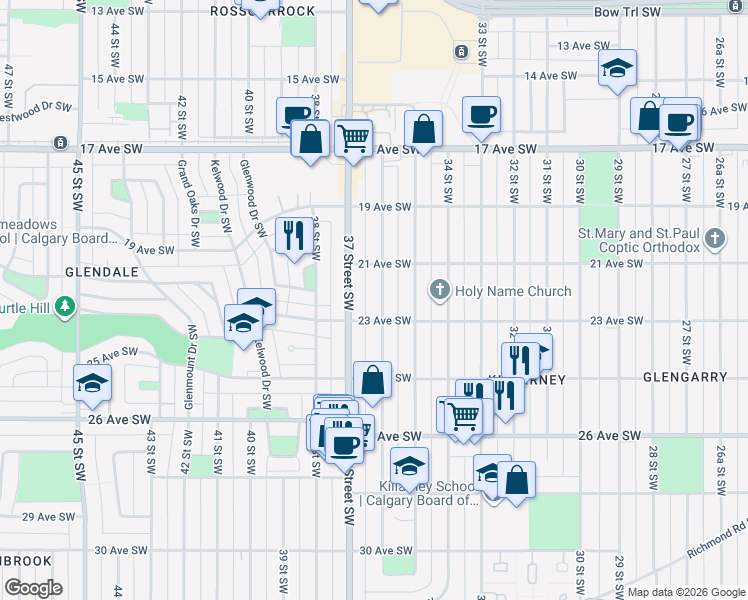 map of restaurants, bars, coffee shops, grocery stores, and more near in Calgary