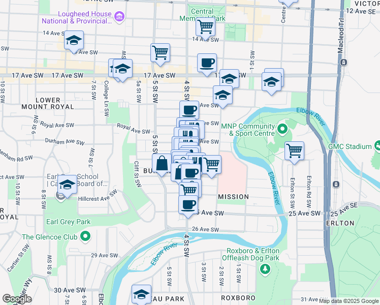 map of restaurants, bars, coffee shops, grocery stores, and more near 2116 4 Street Southwest in Calgary