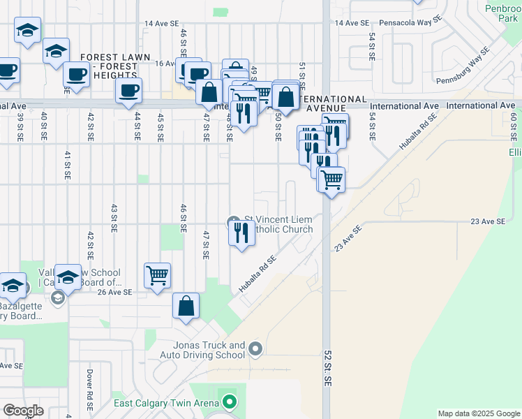 map of restaurants, bars, coffee shops, grocery stores, and more near 5007 23 Avenue Southeast in Calgary