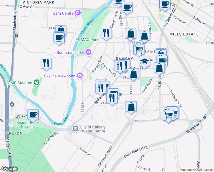map of restaurants, bars, coffee shops, grocery stores, and more near 2020 Alexander Street Southeast in Calgary