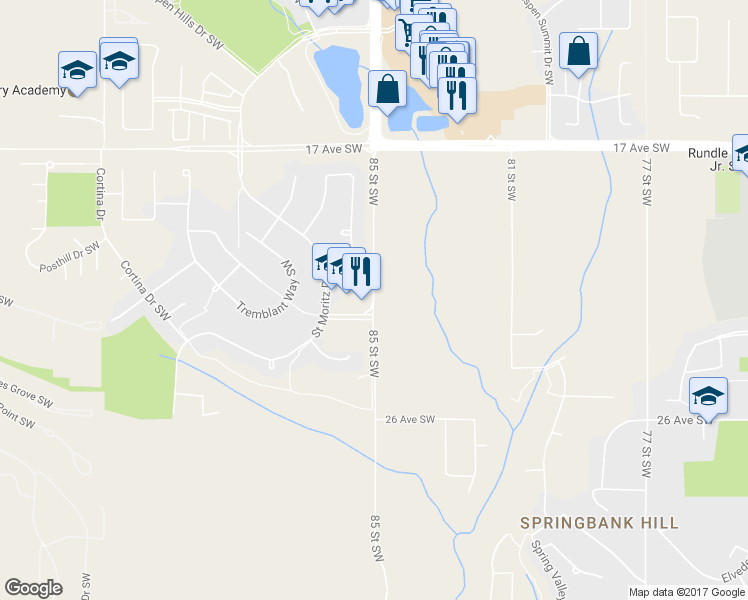 map of restaurants, bars, coffee shops, grocery stores, and more near 2334 85 Street Southwest in Calgary