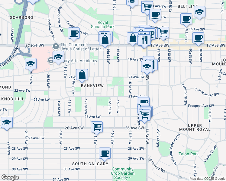 map of restaurants, bars, coffee shops, grocery stores, and more near 1629 21 Avenue Southwest in Calgary