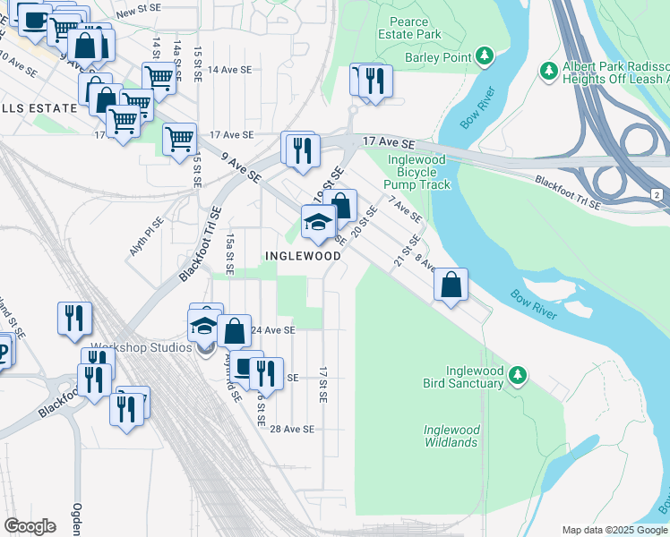 map of restaurants, bars, coffee shops, grocery stores, and more near 2001 9 Avenue Southeast in Calgary