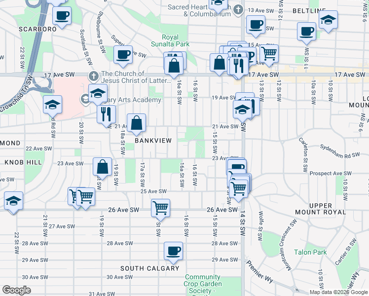 map of restaurants, bars, coffee shops, grocery stores, and more near in Calgary