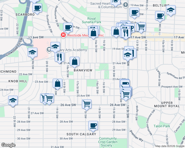 map of restaurants, bars, coffee shops, grocery stores, and more near in Calgary
