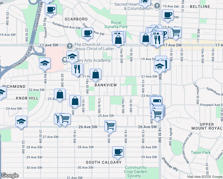 map of restaurants, bars, coffee shops, grocery stores, and more near 2309 17 Street Southwest in Calgary