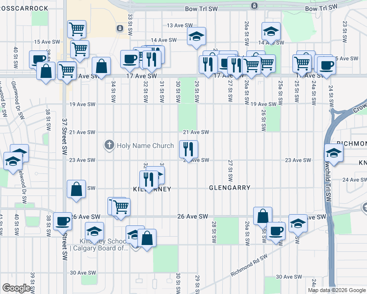 map of restaurants, bars, coffee shops, grocery stores, and more near in Calgary