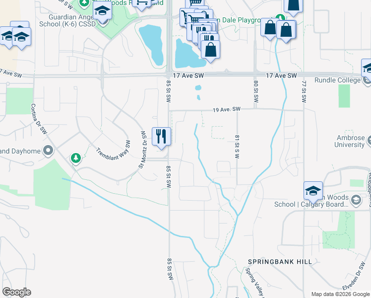 map of restaurants, bars, coffee shops, grocery stores, and more near 2220 85 Street Southwest in Calgary