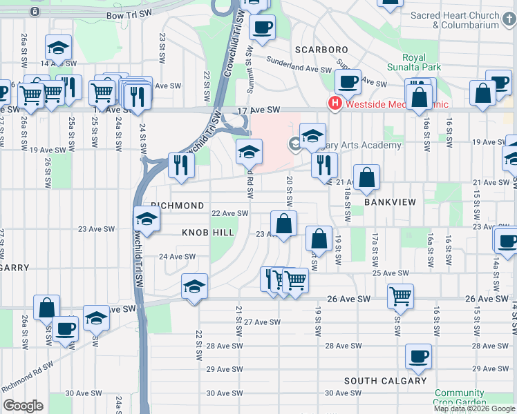 map of restaurants, bars, coffee shops, grocery stores, and more near 2137 21 Avenue Southwest in Calgary