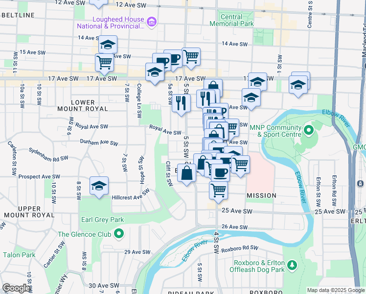 map of restaurants, bars, coffee shops, grocery stores, and more near 2119 5 Street Southwest in Calgary