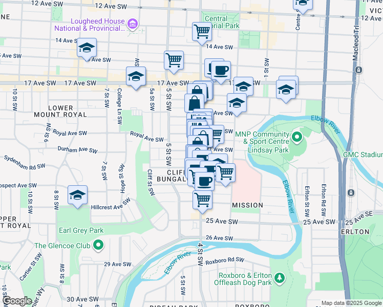 map of restaurants, bars, coffee shops, grocery stores, and more near 2105 4 Street Southwest in Calgary