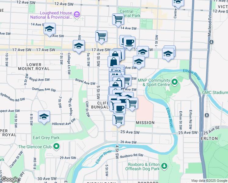 map of restaurants, bars, coffee shops, grocery stores, and more near 2105 4 Street Southwest in Calgary
