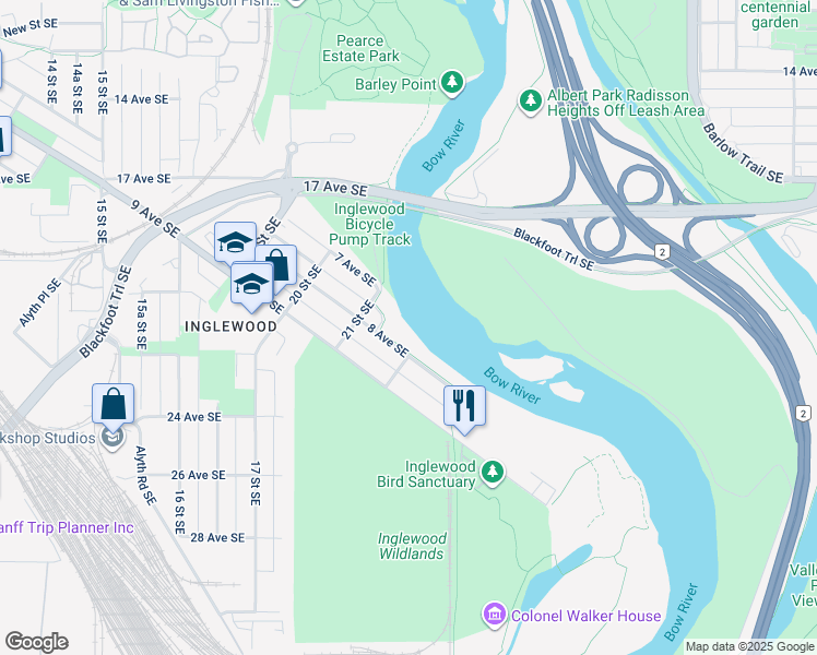map of restaurants, bars, coffee shops, grocery stores, and more near 2140 R 8 Avenue Southeast in Calgary