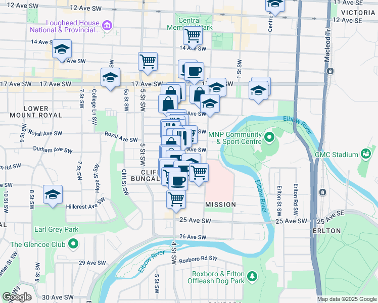 map of restaurants, bars, coffee shops, grocery stores, and more near 321 21 Avenue Southwest in Calgary