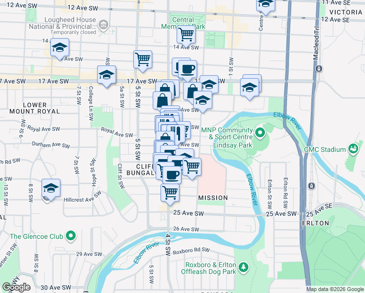 map of restaurants, bars, coffee shops, grocery stores, and more near 321 21 Avenue Southwest in Calgary