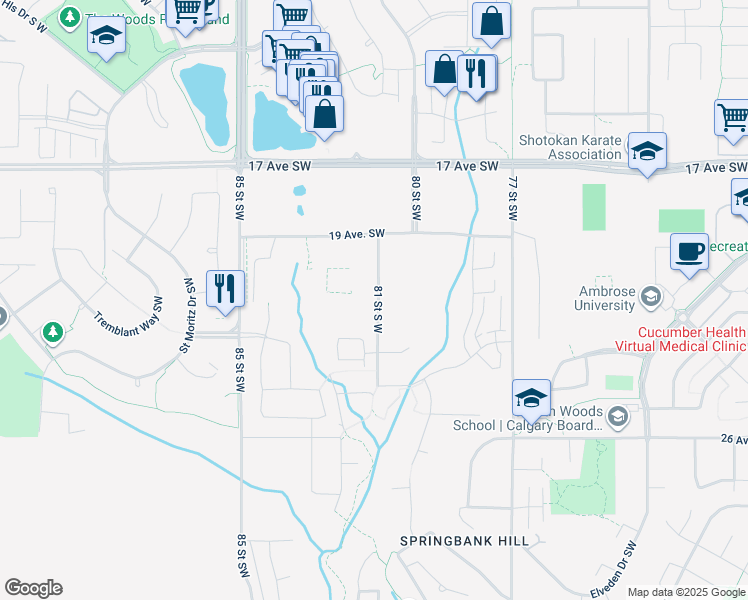 map of restaurants, bars, coffee shops, grocery stores, and more near 2209 81 Street Southwest in Calgary
