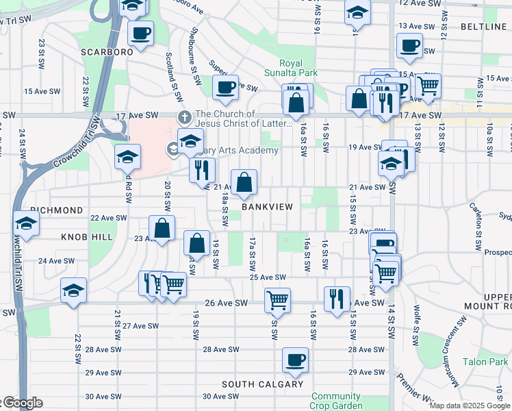 map of restaurants, bars, coffee shops, grocery stores, and more near in Calgary