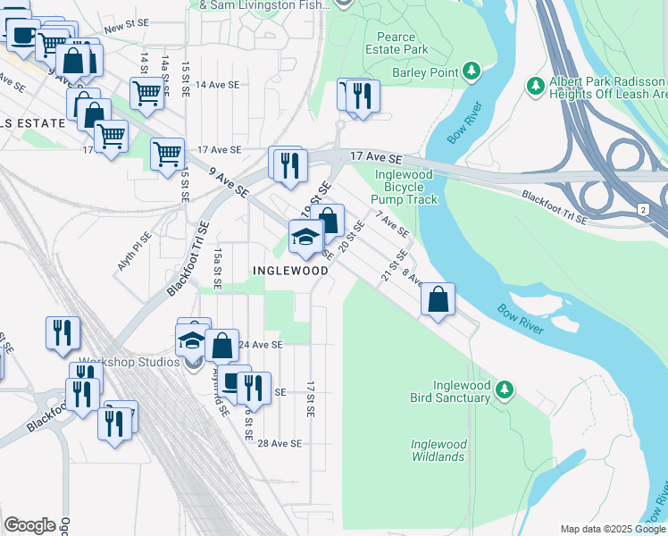 map of restaurants, bars, coffee shops, grocery stores, and more near 2001 9 Avenue Southeast in Calgary