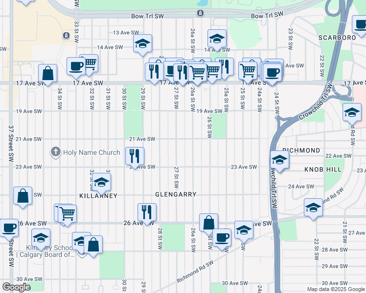 map of restaurants, bars, coffee shops, grocery stores, and more near in Calgary