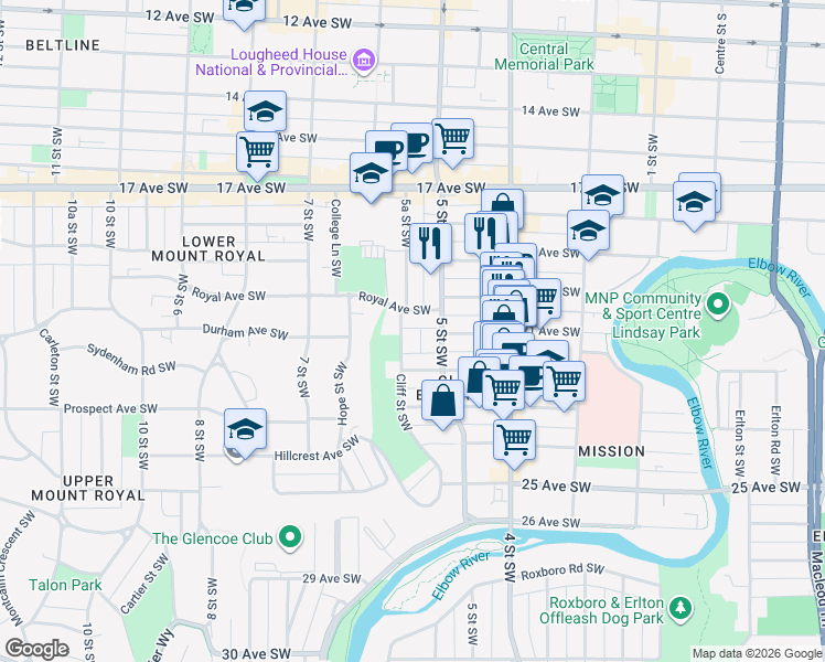 map of restaurants, bars, coffee shops, grocery stores, and more near in Calgary