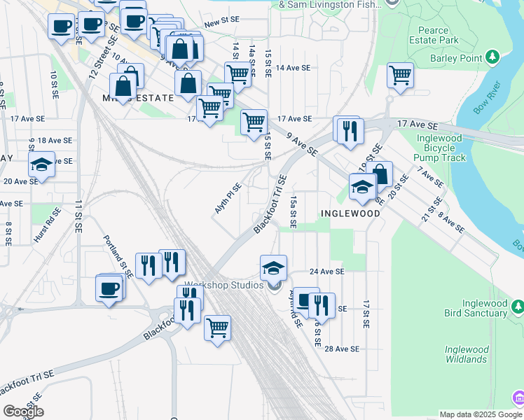 map of restaurants, bars, coffee shops, grocery stores, and more near 2225 15 Street Southeast in Calgary
