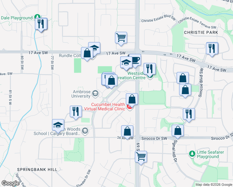 map of restaurants, bars, coffee shops, grocery stores, and more near 5 Springborough Court Southwest in Calgary