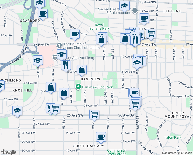 map of restaurants, bars, coffee shops, grocery stores, and more near in Calgary