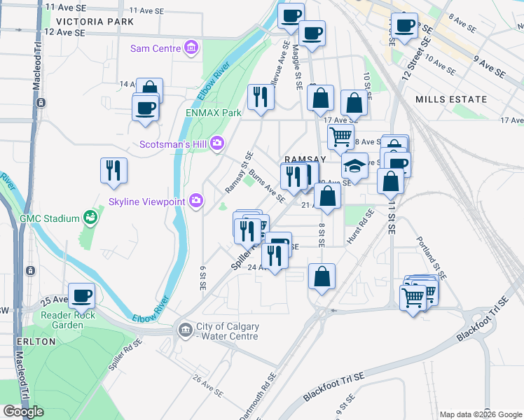 map of restaurants, bars, coffee shops, grocery stores, and more near 2020 Alexander Street Southeast in Calgary