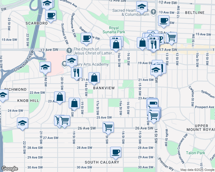 map of restaurants, bars, coffee shops, grocery stores, and more near in Calgary