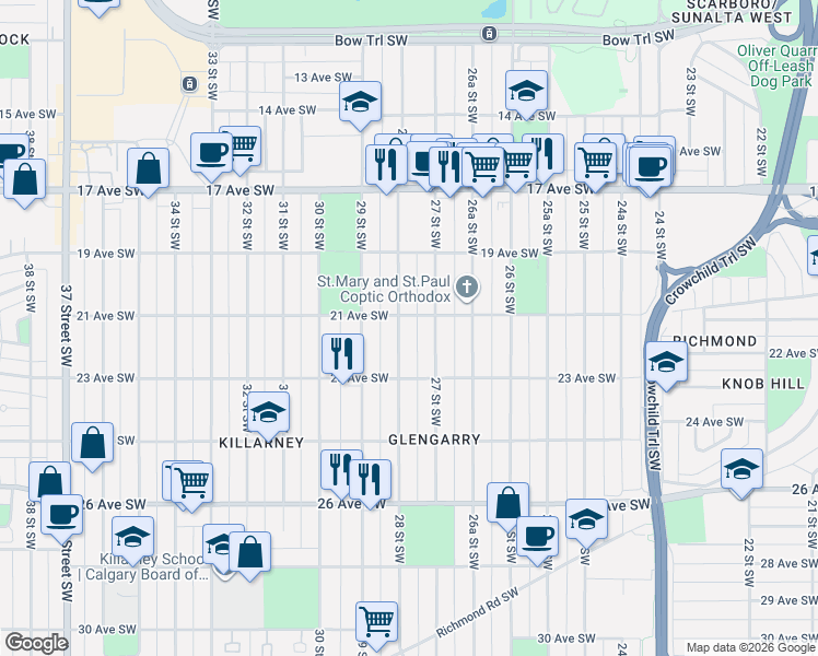 map of restaurants, bars, coffee shops, grocery stores, and more near 2210 28 Street Southwest in Calgary