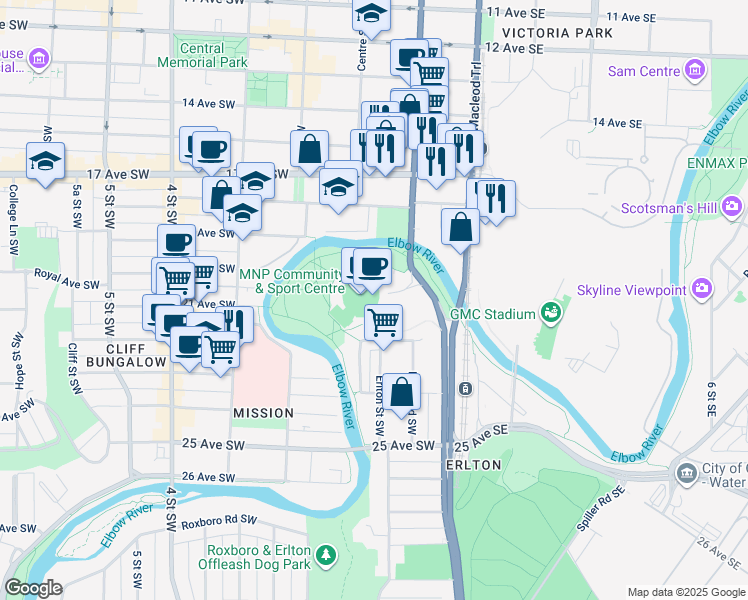 map of restaurants, bars, coffee shops, grocery stores, and more near 2225 Macleod Trail Southeast in Calgary