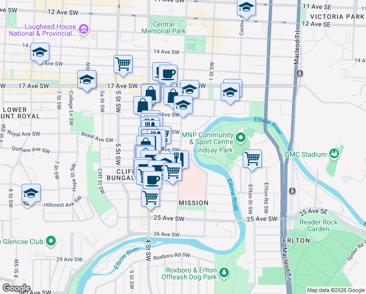 map of restaurants, bars, coffee shops, grocery stores, and more near 304 21 Avenue Southwest in Calgary
