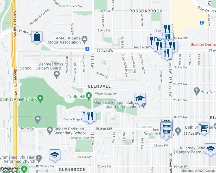 map of restaurants, bars, coffee shops, grocery stores, and more near 4504 Grove Hill Road Southwest in Calgary