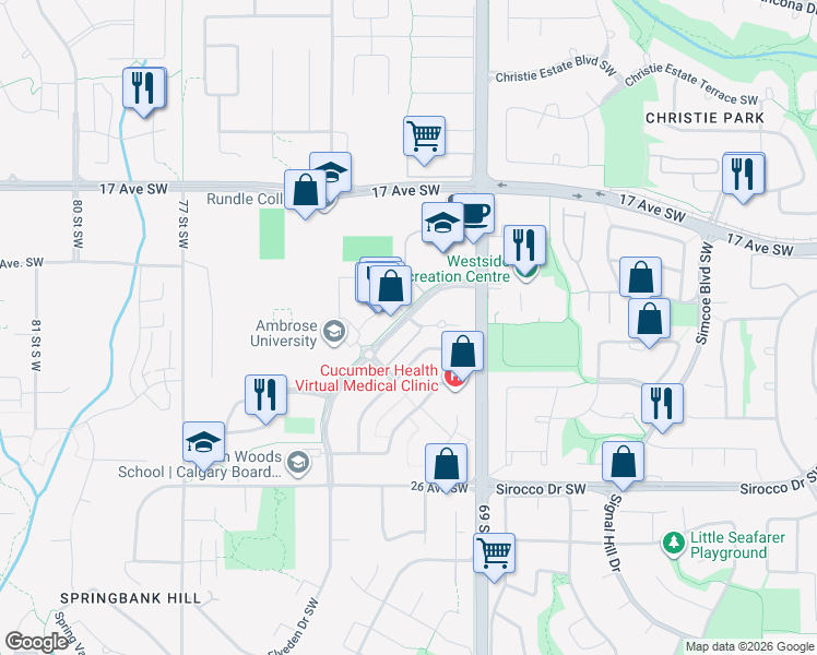 map of restaurants, bars, coffee shops, grocery stores, and more near 5 Springborough Court Southwest in Calgary