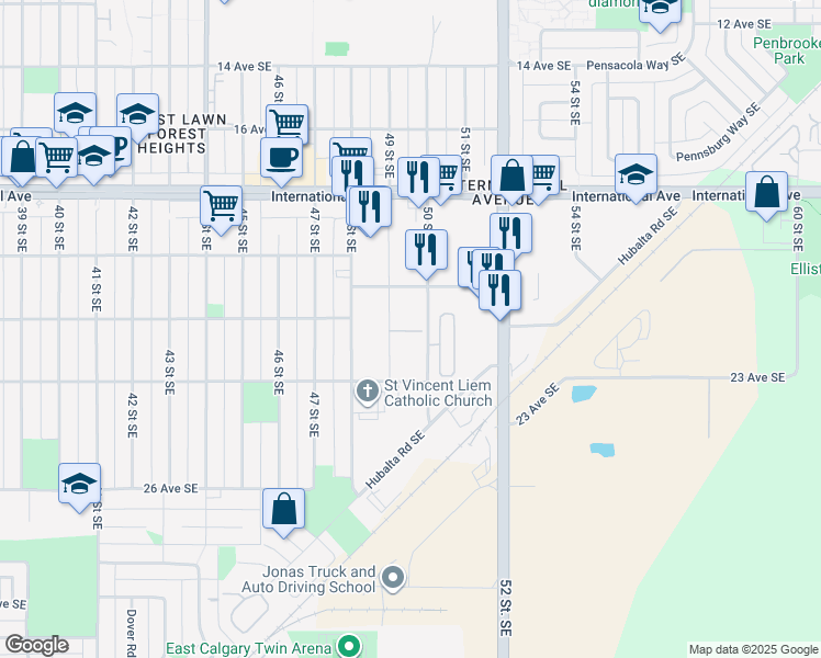 map of restaurants, bars, coffee shops, grocery stores, and more near 2121 50 Street Southeast in Calgary