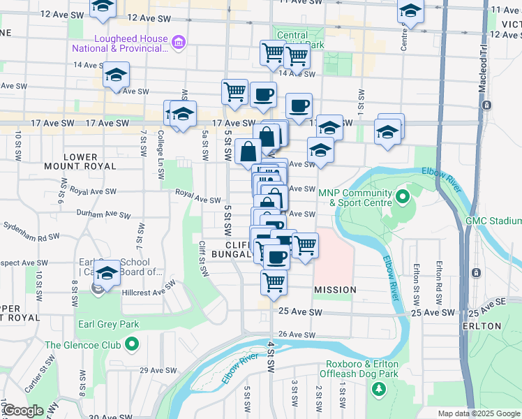 map of restaurants, bars, coffee shops, grocery stores, and more near 503-510 21 Avenue Southwest in Calgary
